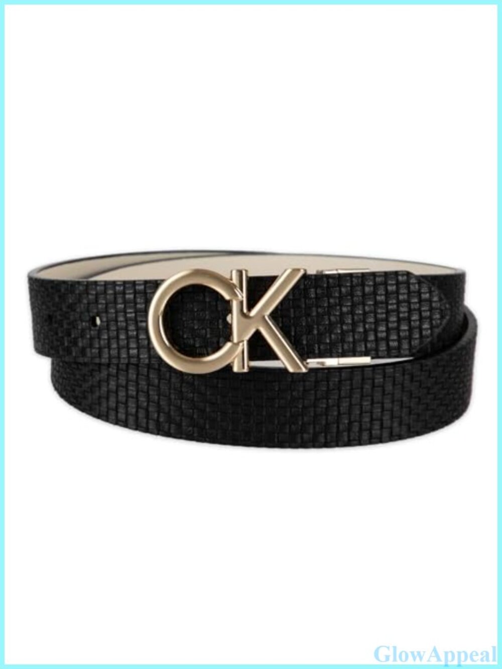 Reversible PU Leather Dress Belt Puffed CK Logo Plaque Buckle 1.25 Inch
